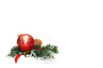 Wall Mural - Christmas balls, fir branches and pine cones with ornaments isolated on white background.