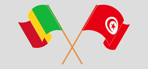 Crossed and waving flags of Mali and Tunisia