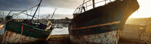 Colourful Old Traditional Wooden Fishing Boats After Shipwreck. Sunset. Camaret Sur Mer, Brittany, France. Transportation, Nautical Vessel, Cruise, Tourism, Landmarks, History. Panoramic View