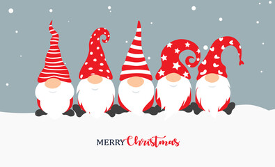 Christmas gnome. Greeting Christmas card with holiday isolated characters on snow background. Cute scandinavian gnomes in santa hats in cartoon style. Vector illustration