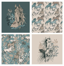 Set Of Print And Seamless Wallpaper Pattern. Running Horses And Herbarium Wildflowers, Cornflowers, Herbs Flowers And Leaves. Textile Composition, Hand Drawn Style Print. Vector Illustration.