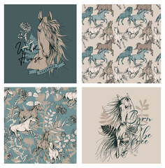 Set of print and seamless wallpaper pattern. Running horses and Herbarium wildflowers, cornflowers, herbs flowers and leaves. Textile composition, hand drawn style print. Vector illustration.