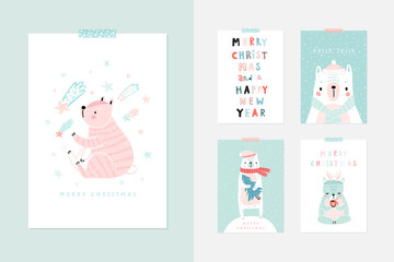 Poster - Christmas card set with Cute Bears celebrating Christmas eve, handwritten letterings and other elements. Funny characters. .