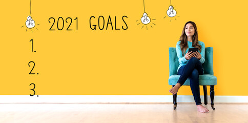 Wall Mural - 2021 goals with young woman holding a tablet computer