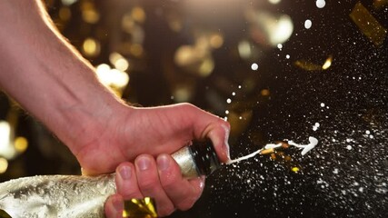 Wall Mural - Super slow motion of Champagne explosion, opening champagne bottle closeup. Filmed on high speed cinema camera, 1000fps