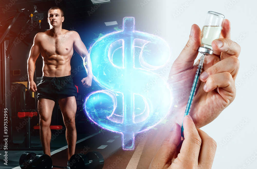 Bodybuilder in the gym, injecting a steroid syringe. Strong athletic ...