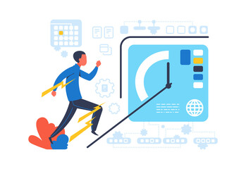 Aufkleber - Office worker panic. Cartoon young man running fast. Deadline and job problems or productivity improvement. Time management and organizational business processes. Vector isolated quick worker concept