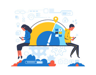 Aufkleber - People working overtime. Cartoon worker with electronic devices. Isolated busy man and woman. Clock face and halftone symbols. Deadline and stay late in office. Vector employees in stress concept