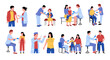 © SpicyTruffel - Vaccination. Cartoon doctors make injection of vaccine, dangerous disease precaution for kids and adults. Medical workers with syringes. Isolated men, women and children in consulting room, vector set