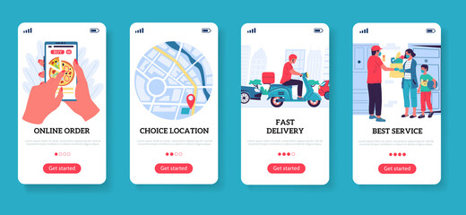 Poster - Food delivery. Restaurant and supermarket order. Smartphone screen templates. Mobile app, express menu with steps to receive purchase, courier delivering meal and products. Vector online service set