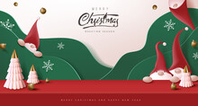 Merry Christmas Banner With Cute Gnome And Festive Decoration For Christmas