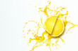 Sliced lemon in a splash of yellow lemon juice top view. Concept for fruit background, food, freshness. 3D illustration, 3D render.