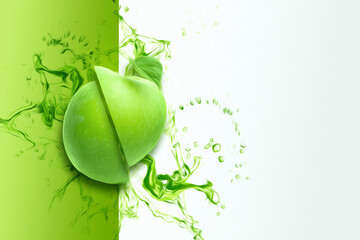 Sliced green apple fruit in a splash of lettuce juice top view. Concept for fruit background, food, freshness, billboard, poster. 3D illustration, 3D render.