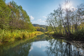 Wall Mural - autumn forest trees are reflected in the river water of the panoramic landscape. blue sky with cloud