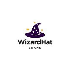 wizard hat icon logo vector design illustration with stars and blink, witch classic Halloween hat 