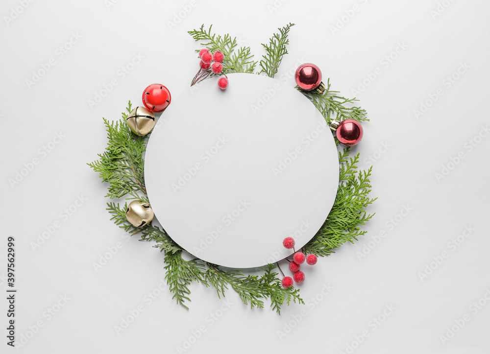 Beautiful Christmas composition with blank card on white background