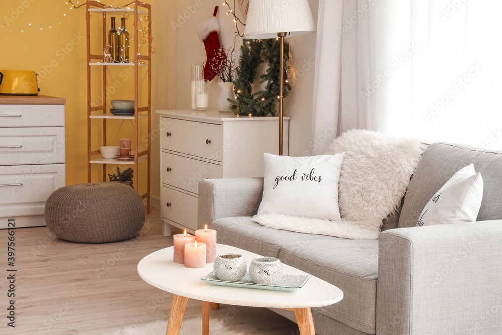Interior of modern kitchen decorated for Christmas