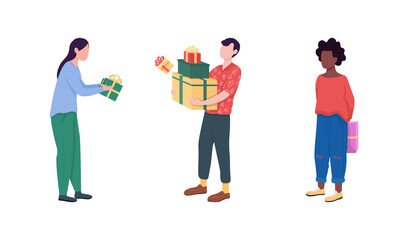Poster - Giving and receiving gifts flat color vector faceless character set. Birthday congratulation. People on surprise party isolated cartoon illustration for web graphic design and animation collection