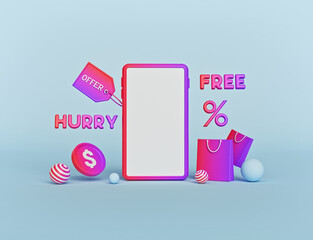 Poster - shop online concept with smartphone. minimal colorful design for advertising and promotion. 3d rendering
