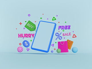 Fototapete - shop online concept with smartphone. minimal colorful design for advertising and promotion. 3d rendering