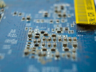 Micro electronics components. Semiconductor elements and micro schemes closeup.