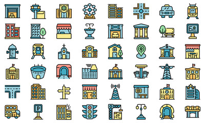 Poster - city infrastructure icons set. outline set of city infrastructure vector icons thin line color flat 