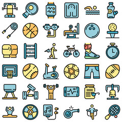 Poster - physical activity icons set. outline set of physical activity vector icons thin line color flat on w