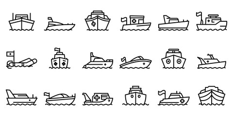 Sticker - Rescue boat icons set. Outline set of rescue boat vector icons for web design isolated on white background