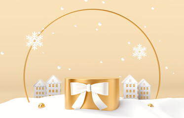 Aufkleber - Winter Christmas scene with a podium backdrop for product display. 3d render.