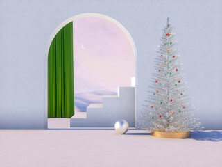 Fototapete - Winter Christmas scene with a podium backdrop for product display. 3d render.
