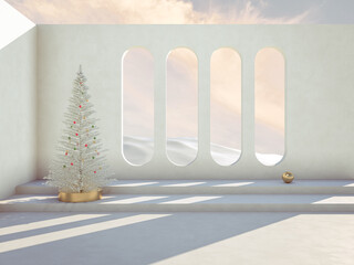 Fototapete - Winter Christmas scene with a podium backdrop for product display. 3d render.