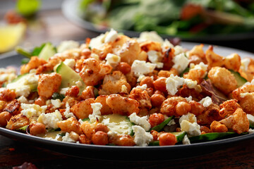 Wall Mural - Roasted Cauliflower salad with chickpea, cucumber, greens and feta cheese. healthy food