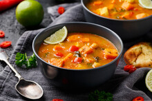 Curry Soup With Sweet Potato, Kale, Chickpea, Red Pepper And Chicken