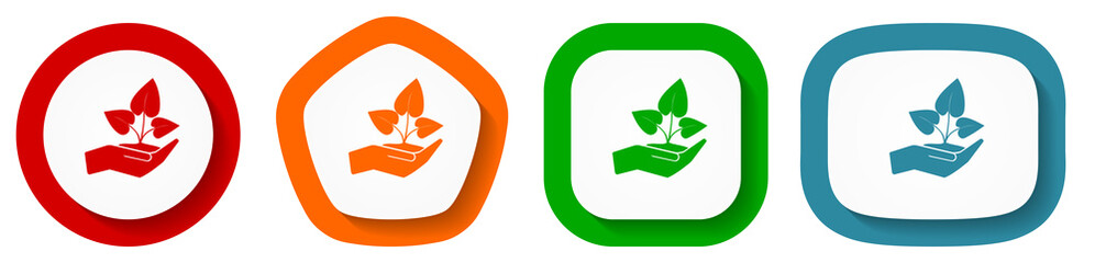 Leinwandbilder - Plant care hand vector icon set, flat design vector illustration in 4 colors options for webdesign and mobile applications