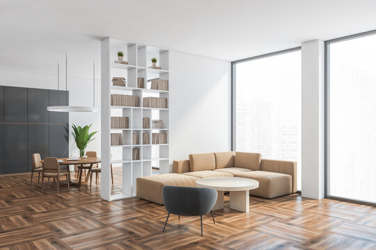 Living room with sofa and dining room, luxury studio apartment with window