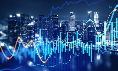 Poster - Stock market and financial graph over cityscape background