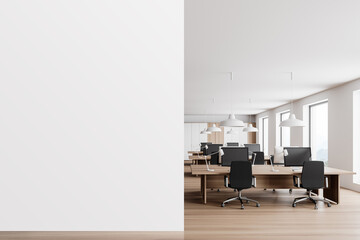 Wall Mural - White and wooden open space office interior with mock up wall