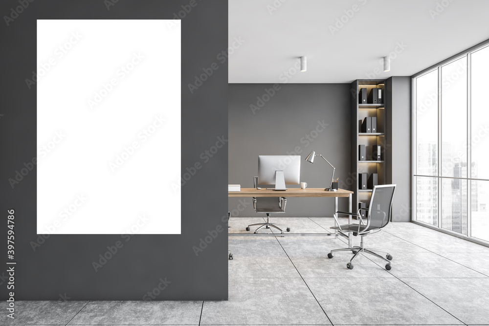 Modern gray CEO office interior with vertical poster - obrazy, fototapety, plakaty 