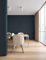 Room with chairs and table near window, blue and wooden design