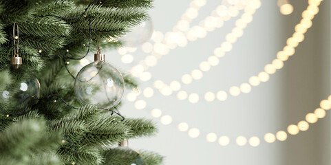 Close up Christmas tree and decoration, Glass Christmas ball. 3d rendering