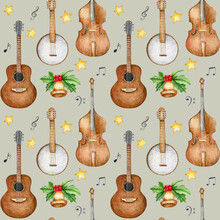 Watercolor Christmas Seamless Pattern With Music Instruments. Guitar, Banjo, Cello On Beige Background. 