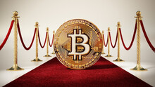 Fictitious Representation Of Bitcoin Standing On Red Carpet With Velvet Ropes On Both Sides. 3D Illustration