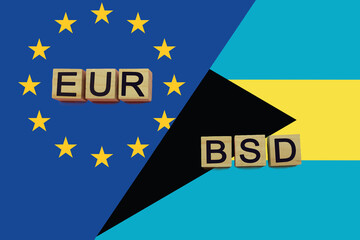 United Europe and Bahamas currencies codes on national flags background