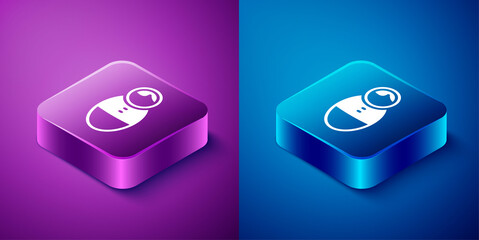 Sticker - Isometric Tumbler doll toy icon isolated on blue and purple background. Square button. Vector.