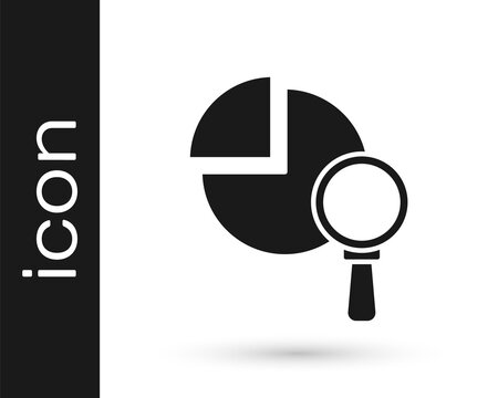 Black Magnifying glass and data analysis icon isolated on white background. Vector.