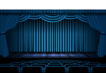 Realistic blue curtain stage opera room vector illustration.