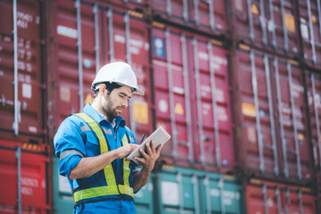 Man wears hardhat and reflection shirt and checking tablet with blurry metal containers in background. Concept of inventory and logistic management.