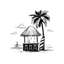 Open Summer Cafe By The Sea With A Beautiful View Of The Sunset And The Yacht. Surfing Bar With Cocktails And Glasses Of Wine On A Sandy Beach With A Palm Tree. Vector Landscape Sketch For Icons, Logo