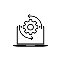 Poster - Monitor and gears icon. Adjusting app, setting options, maintenance, repair, fixing monitor concepts. IT support, software development, system administration, desktop upgrade and update. Vector EPS 10