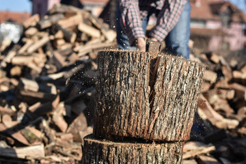 Lumberjack chopping wood. Illustration of a strong man chopping wood with an axe